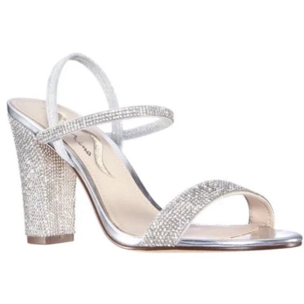 Nina Sanchia Silver Rhinestone‎ Heels Strap Block Heel Party Shoes Women’s Sz 11